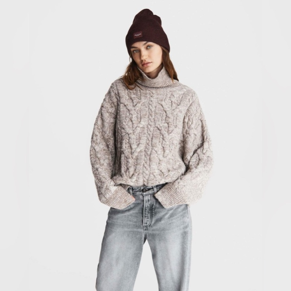 Rag & Bone Taupe Merino Cable Wool Knit Cardigan Pullover Sweater Turtleneck